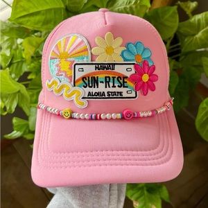 Trucker hat with beach themed patches and hat charm. Handmade nwot